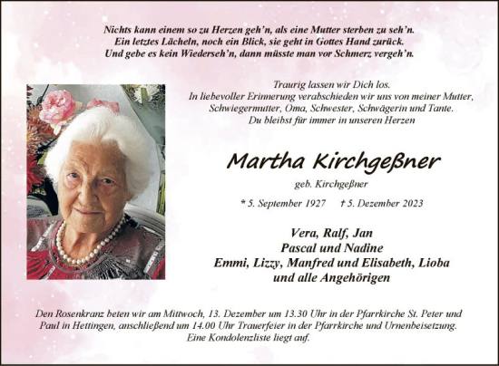 Traueranzeige von Martha Kirchgeßner von Fränkische Nachrichten