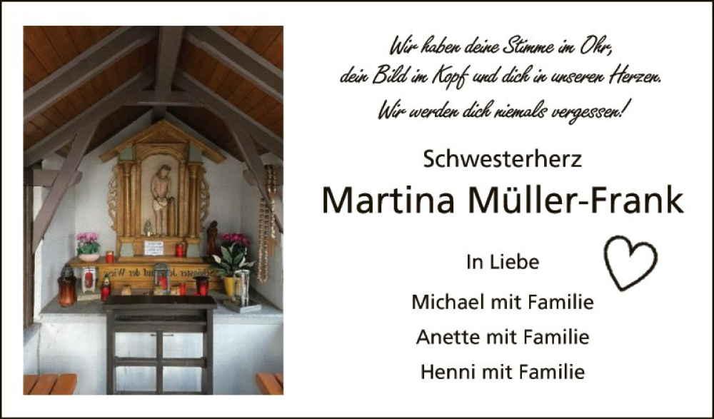  Traueranzeige für Martina Müller-Frank vom 02.12.2023 aus Fränkische Nachrichten