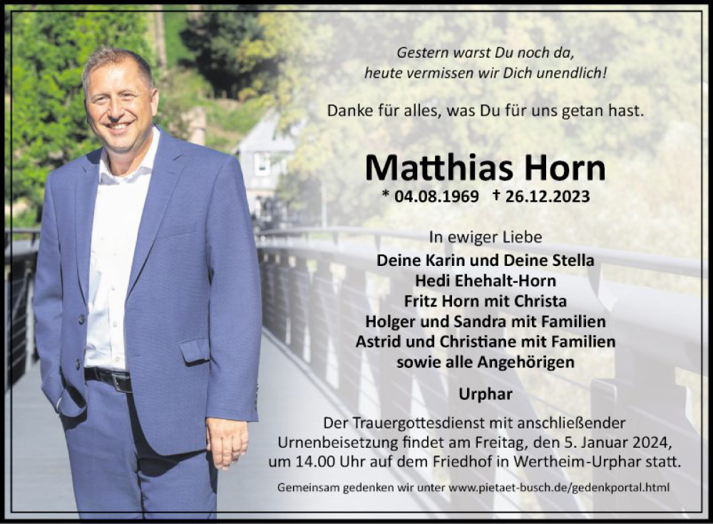  Traueranzeige für Matthias Horn vom 30.12.2023 aus Fränkische Nachrichten