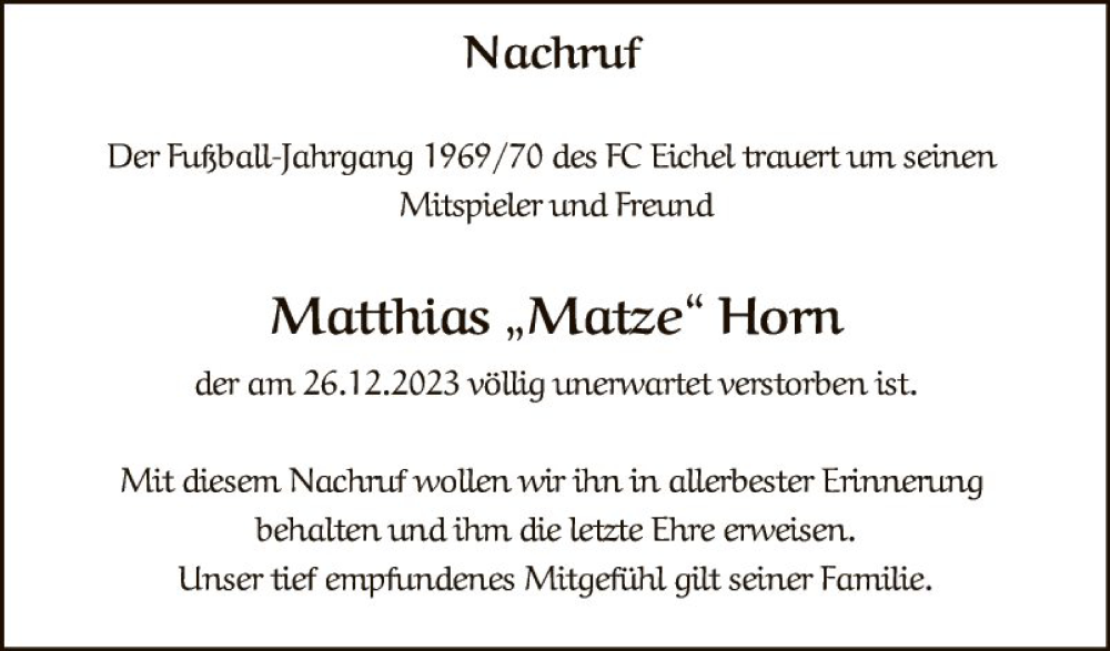  Traueranzeige für Matthias Horn vom 30.12.2023 aus Fränkische Nachrichten