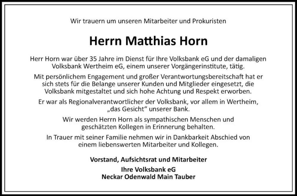  Traueranzeige für Matthias Horn vom 30.12.2023 aus Fränkische Nachrichten