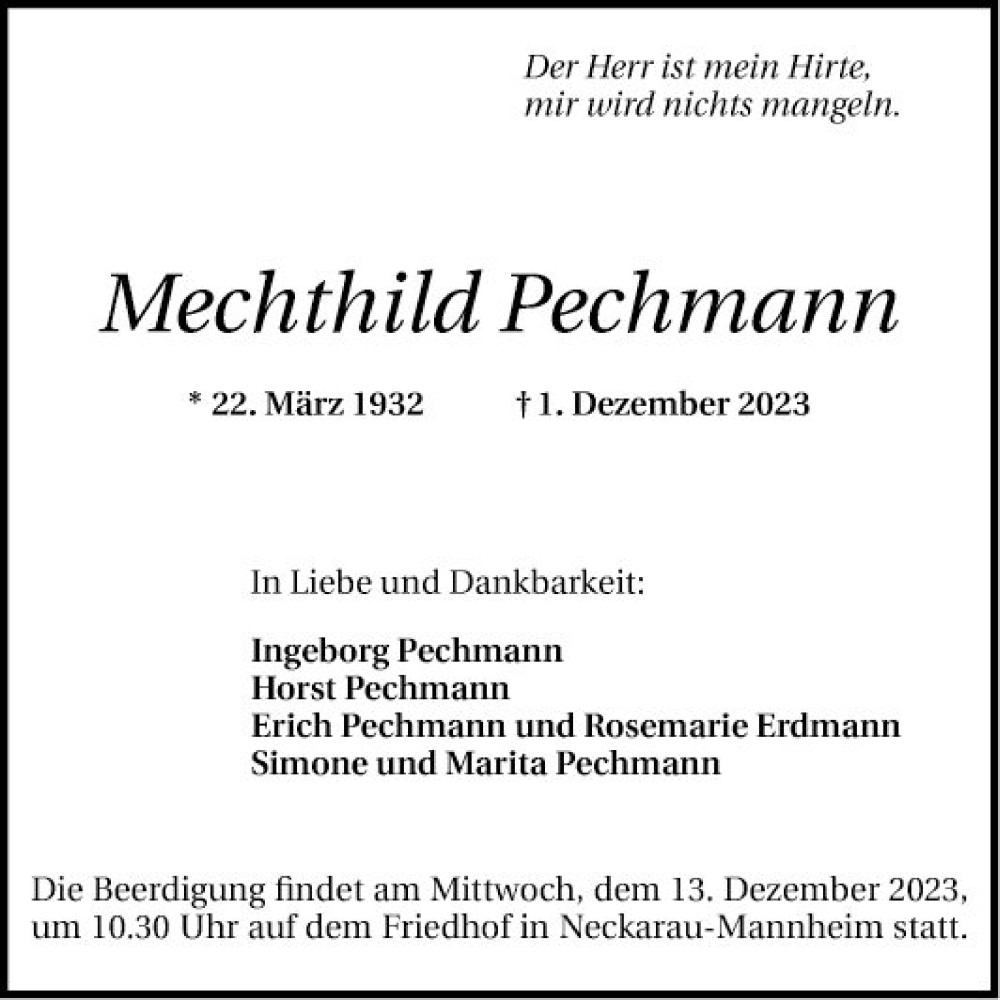  Traueranzeige für Mechthild Pechmann vom 09.12.2023 aus Mannheimer Morgen