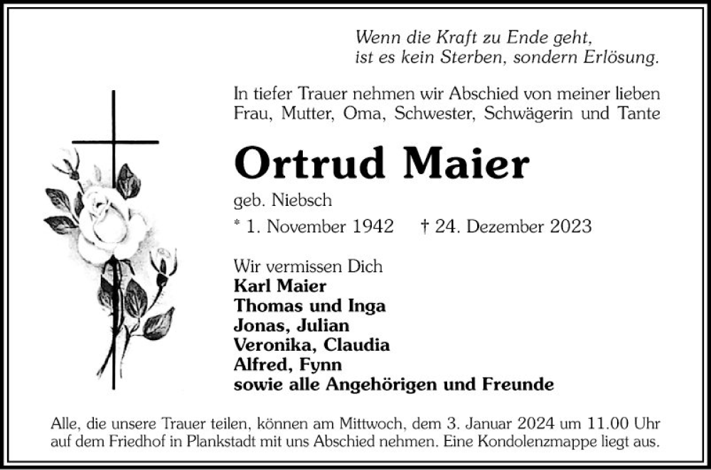 Traueranzeige für Ortrud Maier vom 30.12.2023 aus Schwetzinger Zeitung