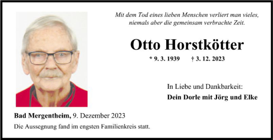 Traueranzeige von Otto Horstkötter von Fränkische Nachrichten