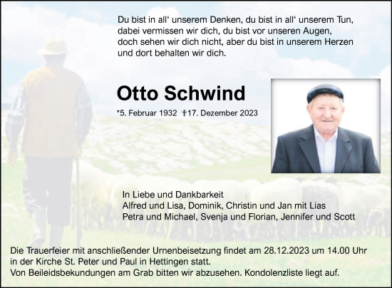 Traueranzeige von Otto Schwind von Fränkische Nachrichten