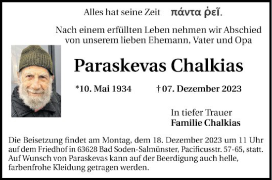 Traueranzeige von Paraskevas Chalkias von Mannheimer Morgen