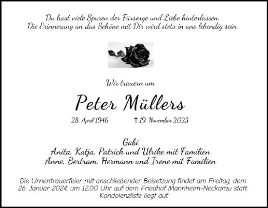 Traueranzeige von Peter Müllers von Mannheimer Morgen
