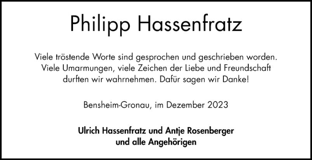  Traueranzeige für Philipp Hassenfratz vom 30.12.2023 aus Bergsträßer Anzeiger