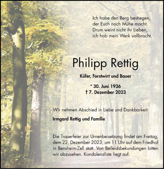 Traueranzeige von Philipp Rettig von Bergsträßer Anzeiger
