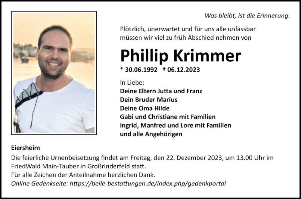  Traueranzeige für Phillip Krimmer vom 16.12.2023 aus Fränkische Nachrichten