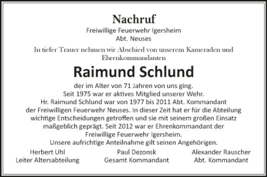 Traueranzeige von Raimund Schlund von Fränkische Nachrichten