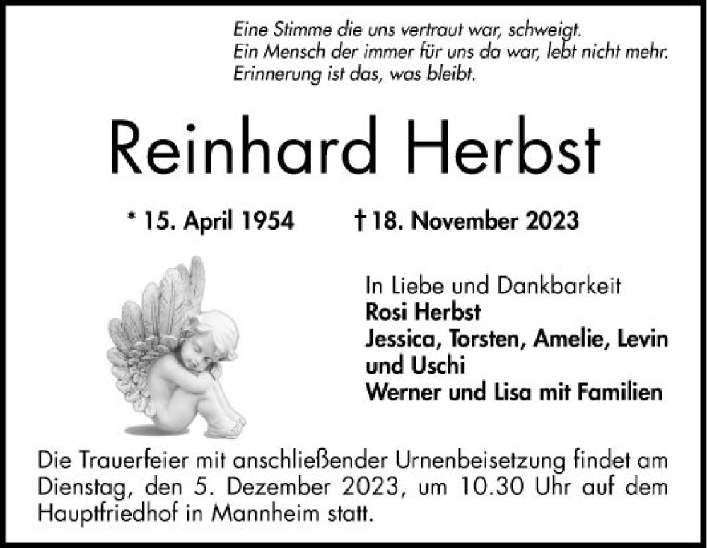  Traueranzeige für Reinhard Herbst vom 02.12.2023 aus Mannheimer Morgen