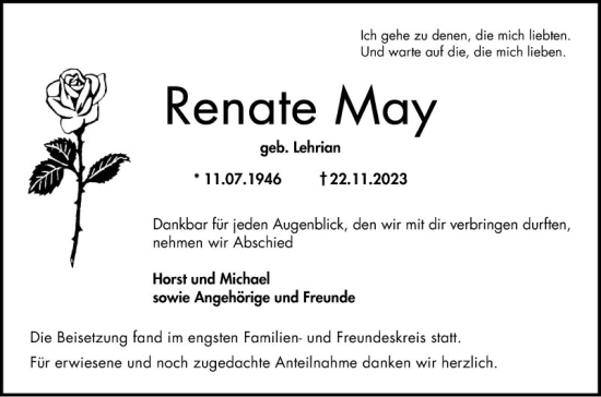 Traueranzeige von Renate May von Bergsträßer Anzeiger