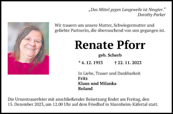 Traueranzeige von Renate Pforr von Mannheimer Morgen