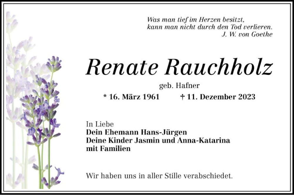  Traueranzeige für Renate Rauchholz vom 30.12.2023 aus Schwetzinger Zeitung