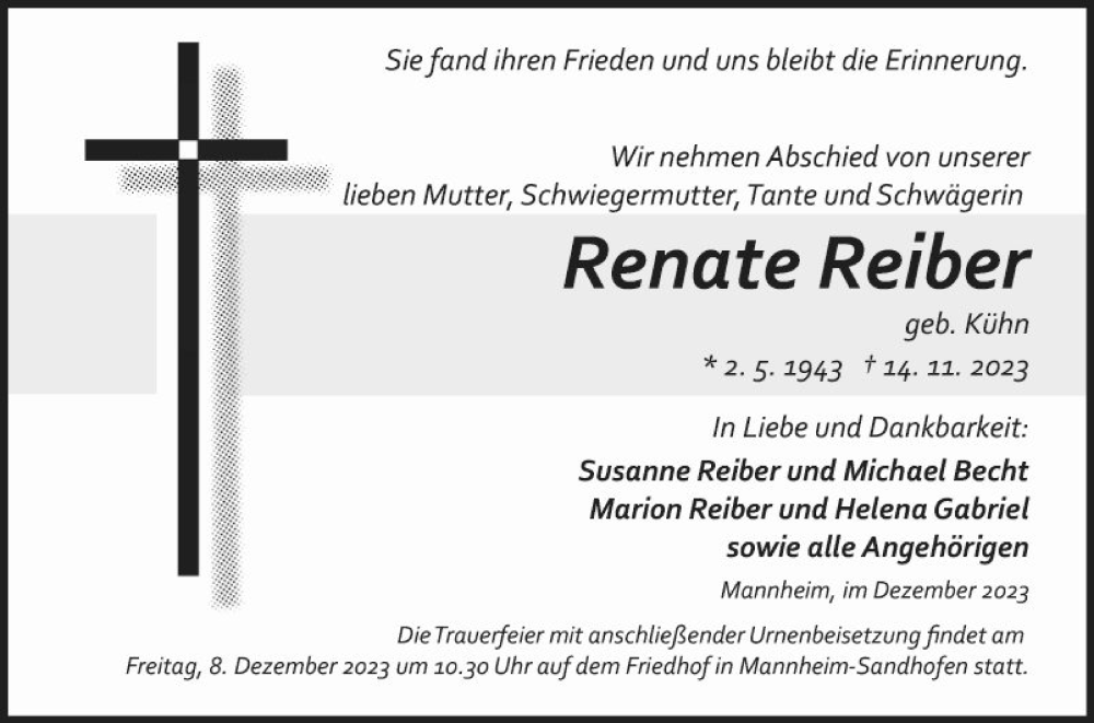  Traueranzeige für Renate Reiber vom 02.12.2023 aus Mannheimer Morgen