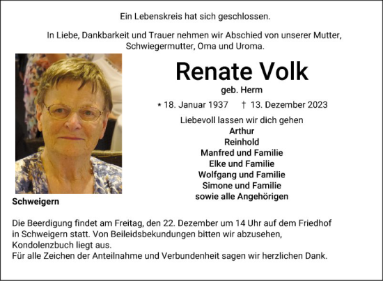 Traueranzeige von Renate Volk von Fränkische Nachrichten