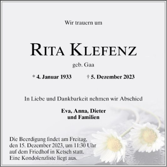 Traueranzeige von Rita Klefenz von Schwetzinger Zeitung