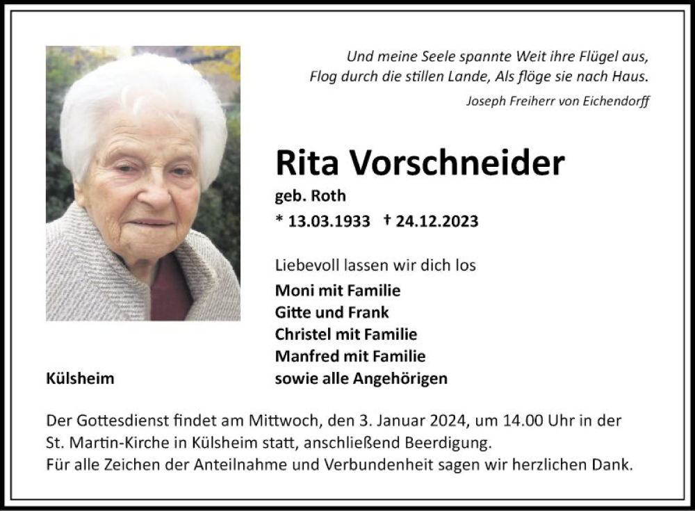  Traueranzeige für Rita Vorschneider vom 30.12.2023 aus Fränkische Nachrichten