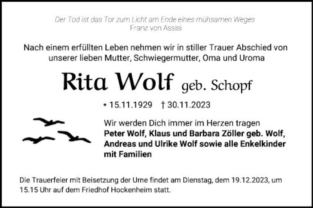  Traueranzeige für Rita Wolf vom 09.12.2023 aus Schwetzinger Zeitung