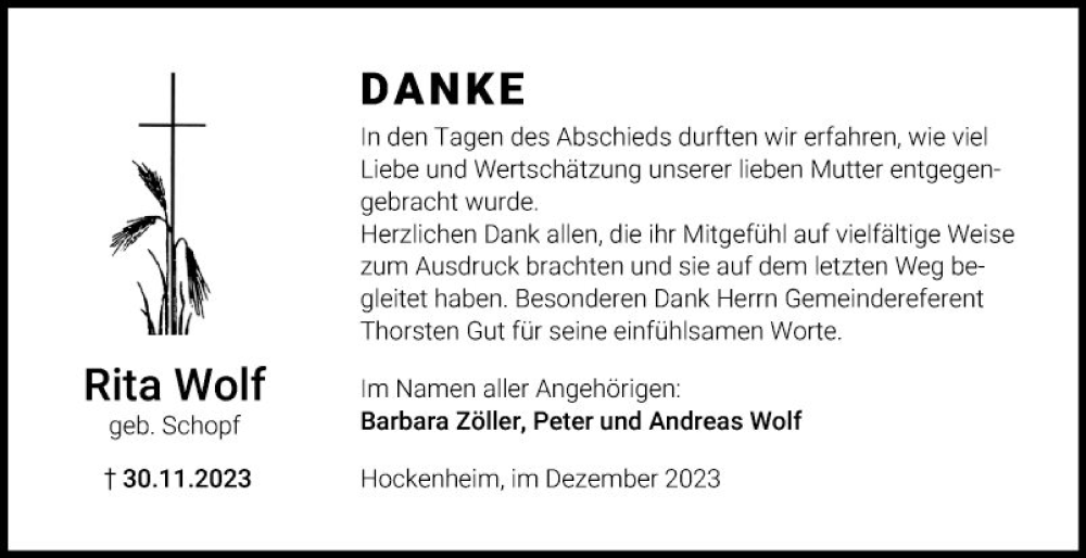  Traueranzeige für Rita Wolf vom 30.12.2023 aus Schwetzinger Zeitung