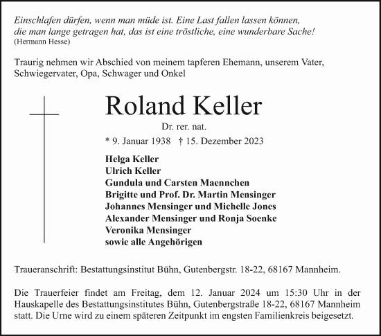 Traueranzeige von Roland Keller von Mannheimer Morgen
