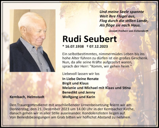 Traueranzeige von Rudi Seubert von Fränkische Nachrichten