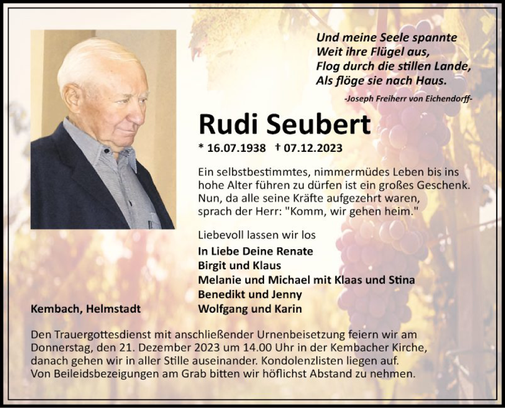  Traueranzeige für Rudi Seubert vom 16.12.2023 aus Fränkische Nachrichten