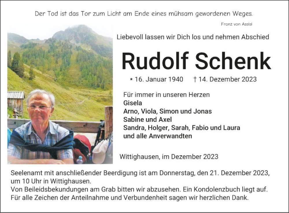  Traueranzeige für Rudolf Schenk vom 19.12.2023 aus Fränkische Nachrichten