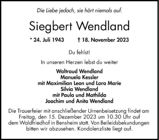 Traueranzeige von Siegbert  Wendland von Bergsträßer Anzeiger