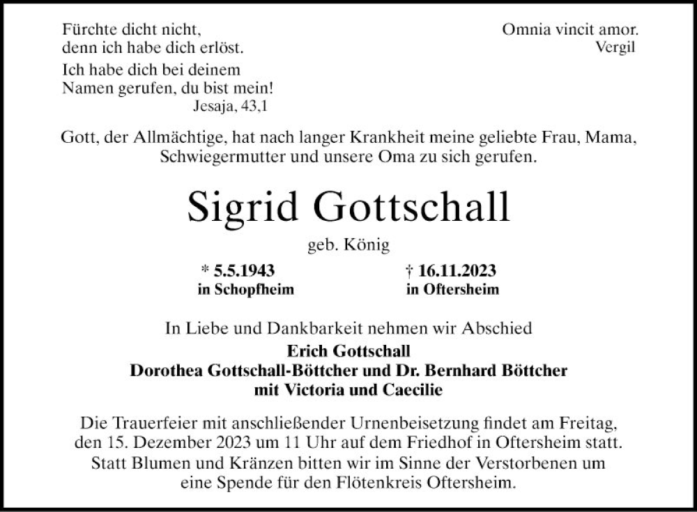  Traueranzeige für Sigrid Gottschall vom 09.12.2023 aus Schwetzinger Zeitung