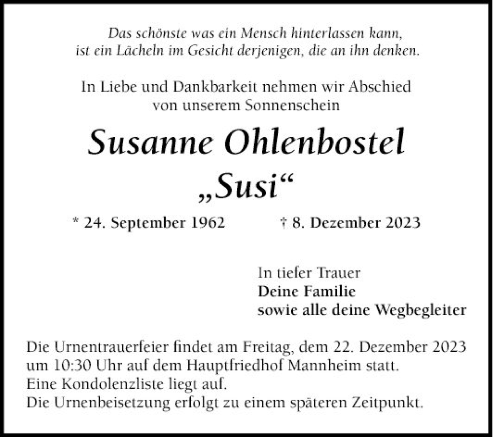  Traueranzeige für Susanne Ohlenbostel vom 16.12.2023 aus Mannheimer Morgen