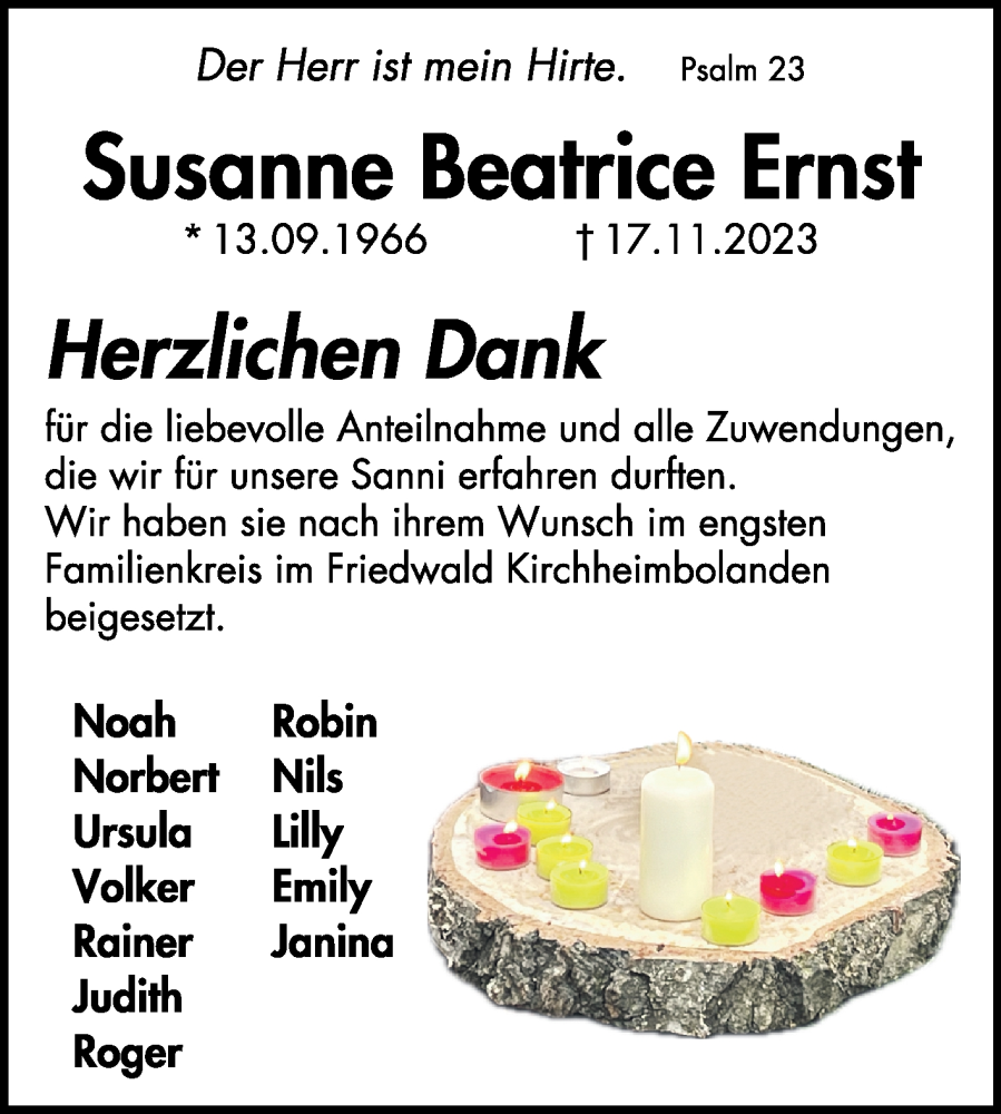  Traueranzeige für Susanne Beatrice Ernst vom 23.12.2023 aus Mannheimer Morgen