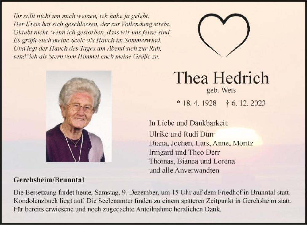  Traueranzeige für Thea Hedrich vom 09.12.2023 aus Fränkische Nachrichten