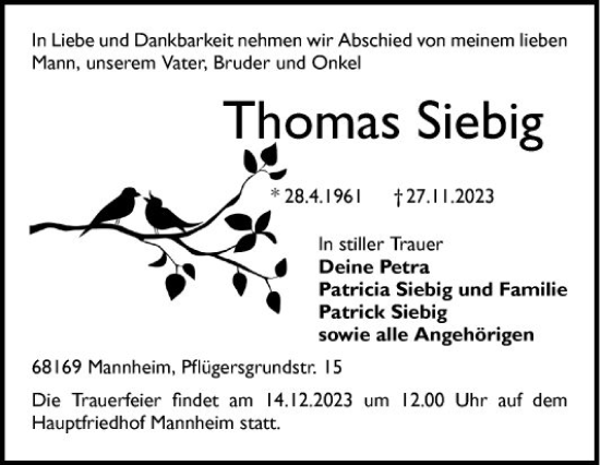 Traueranzeige von Thomas Siebig von Mannheimer Morgen