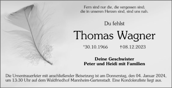 Traueranzeige von Thomas Wagner von Mannheimer Morgen