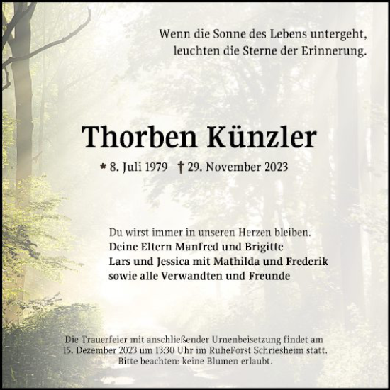Traueranzeige von Thorben Künzler von Mannheimer Morgen