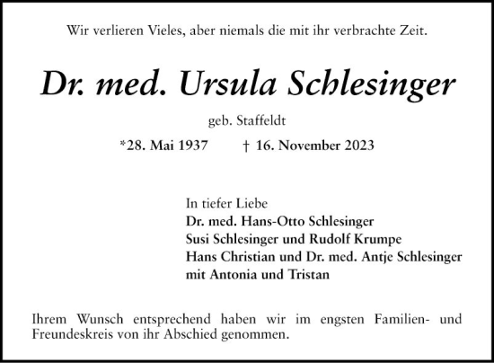 Traueranzeige von Ursula Schlesinger von Schwetzinger Zeitung