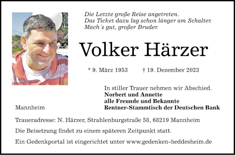  Traueranzeige für Volker Härzer vom 30.12.2023 aus Mannheimer Morgen