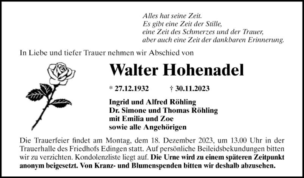  Traueranzeige für Walter Hohenadel vom 09.12.2023 aus Mannheimer Morgen