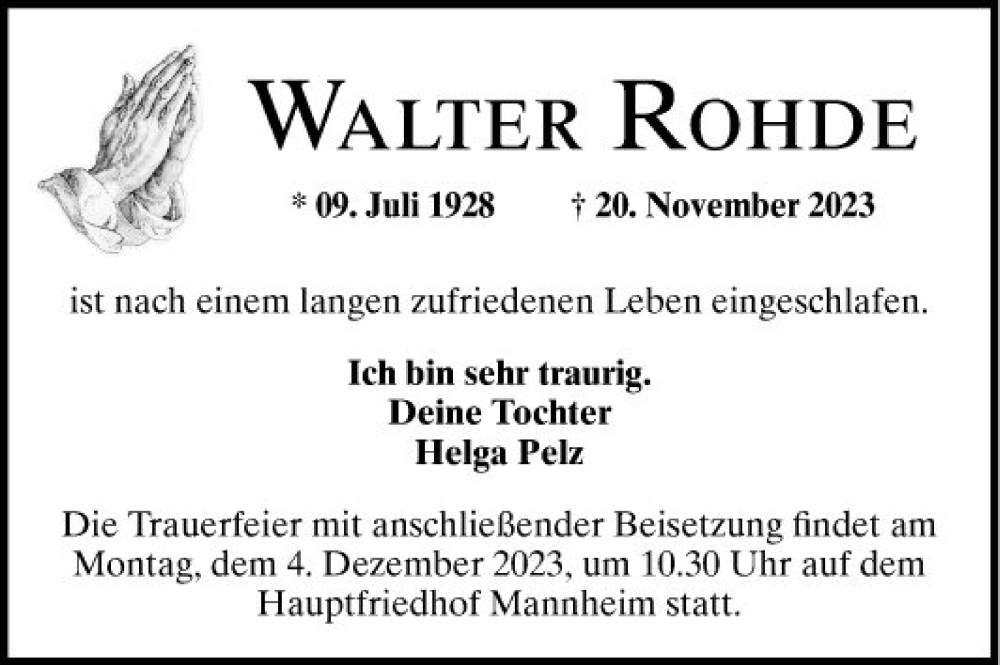  Traueranzeige für Walter Rohde vom 02.12.2023 aus Mannheimer Morgen