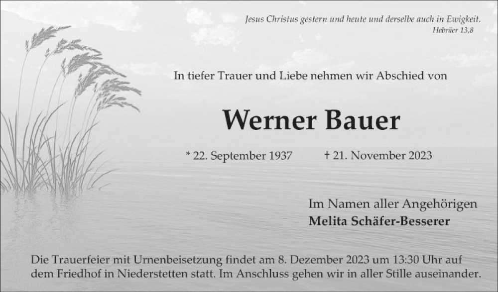  Traueranzeige für Werner Bauer vom 02.12.2023 aus Fränkische Nachrichten