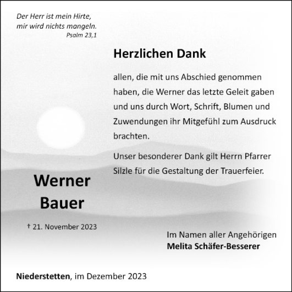  Traueranzeige für Werner Bauer vom 13.12.2023 aus Fränkische Nachrichten
