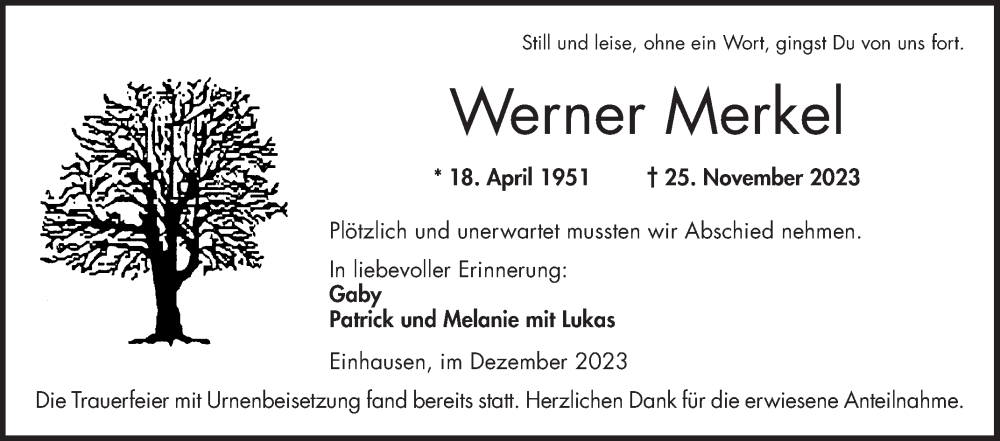  Traueranzeige für Werner Merke vom 23.12.2023 aus Bergsträßer Anzeiger