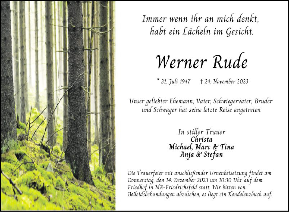  Traueranzeige für Werner Rude vom 02.12.2023 aus Mannheimer Morgen