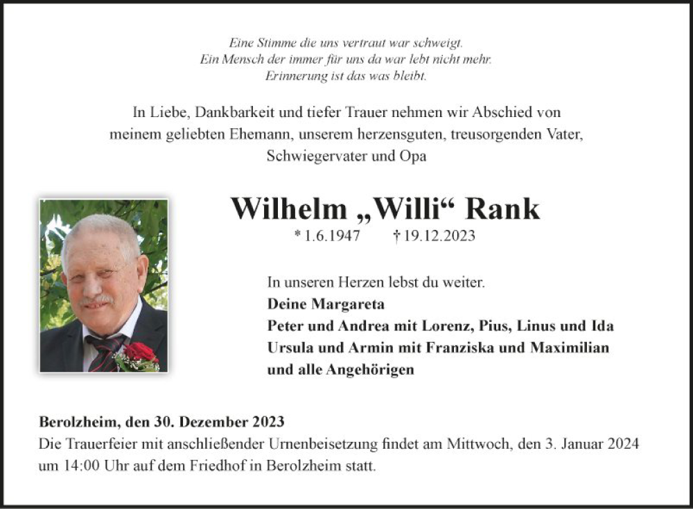  Traueranzeige für Wilhelm Rank vom 30.12.2023 aus Fränkische Nachrichten