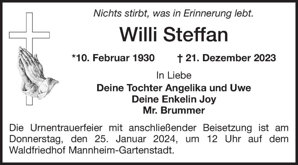 Traueranzeige für Willi Steffan vom 23.12.2023 aus Mannheimer Morgen