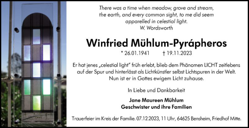  Traueranzeige für Winfried Mühlum-Pyrapheros vom 02.12.2023 aus Bergsträßer Anzeiger