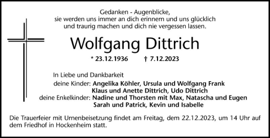 Traueranzeige von Wolfgang Dittrich von Schwetzinger Zeitung
