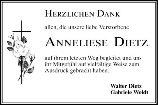 Traueranzeige von Anneliese Dietz von Schwetzinger Zeitung